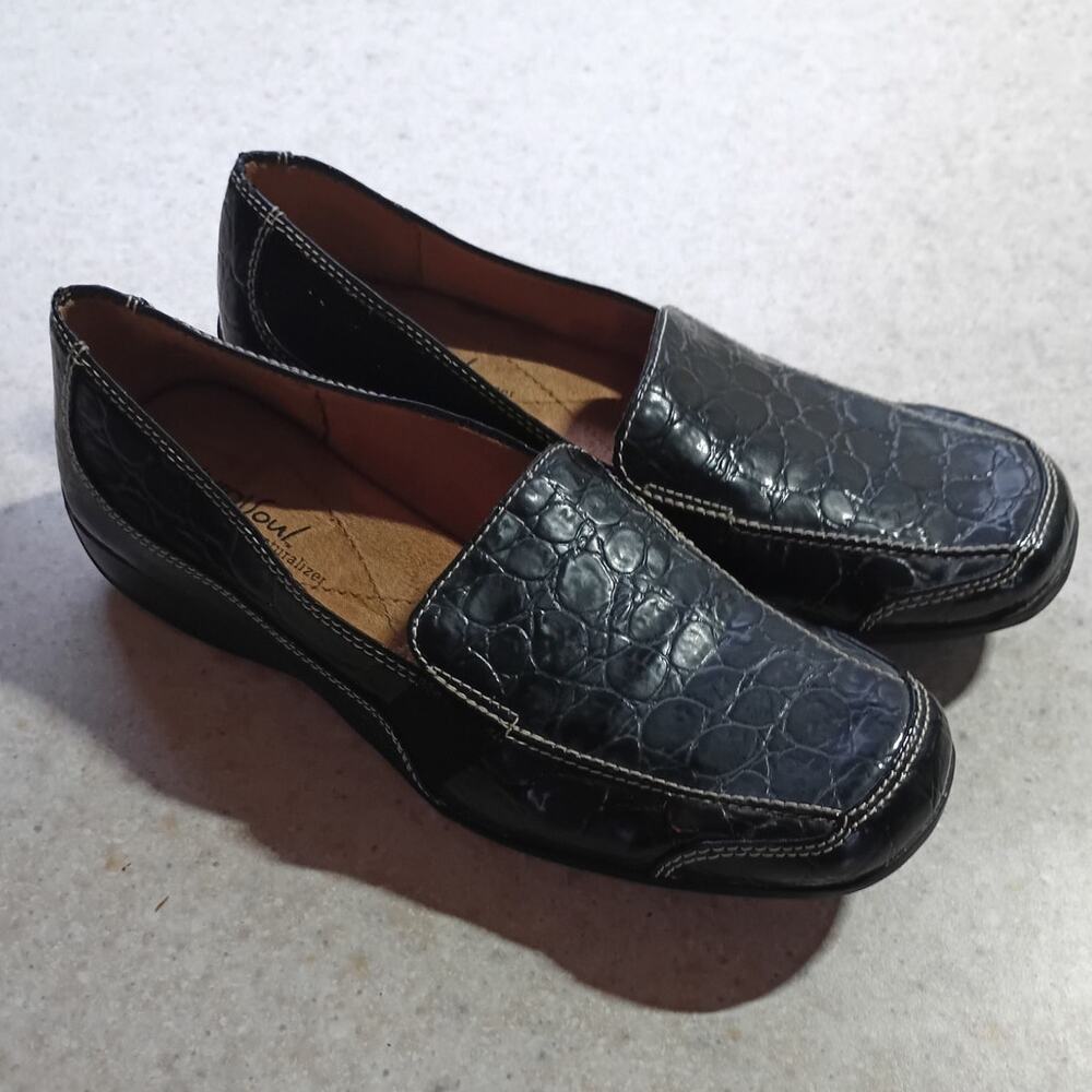 Natural Soul by Naturalizer Black Faux Croc Comfort Loafer Sz 6 Classic Slip On